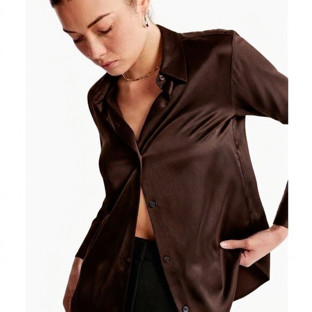 Abercrombie & Fitch Brown Satin Button Up Shirt Long Sleeve Women's Size Medium